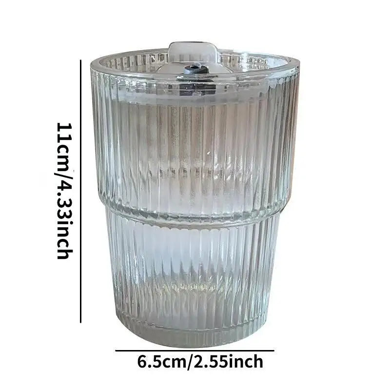 450ML Striped Glass Cup Transparent Drinking Glass with Lid and Straw, Ice Coffee Tea Juice Milk Water Glass, Stylish Design