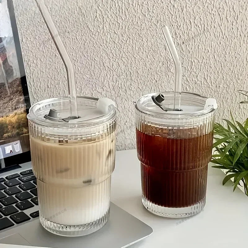 450ML Striped Glass Cup Transparent Drinking Glass with Lid and Straw, Ice Coffee Tea Juice Milk Water Glass, Stylish Design